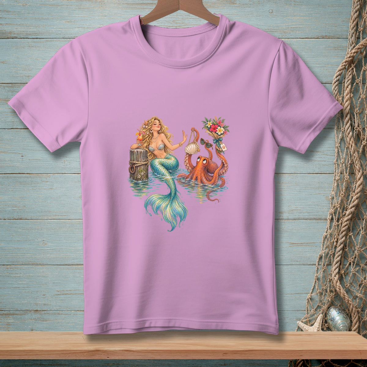 Illustration of a mermaid with an octopus holding a bouquet and purse on a lavender t-shirt.