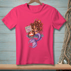 Mermaid with octopus sits by a buoy on a pink t-shirt reading "Welcome to the Tangle Zone".