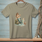 T-shirt with a mermaid holding a drink and a crab with a "Be Nice" sign.