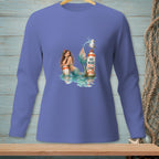Long-sleeved shirt with a mermaid and seagull on a "No Wake" buoy.