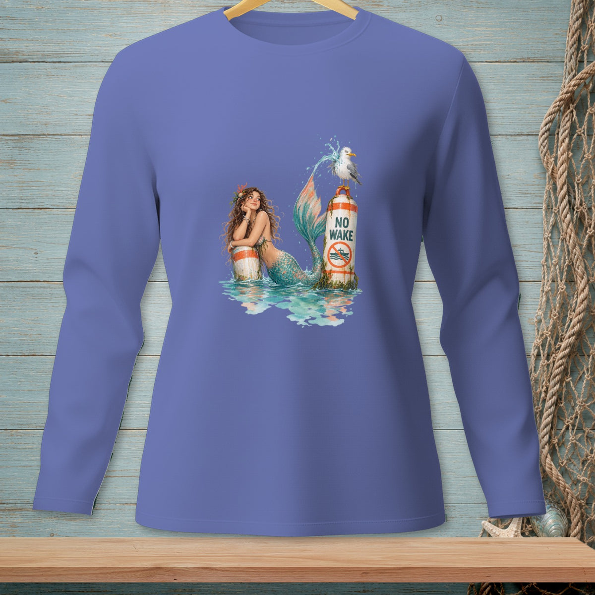 Long-sleeved shirt with a mermaid and seagull on a "No Wake" buoy.