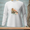 White long-sleeve shirt with a watercolor mermaid and text "Plans Changed."