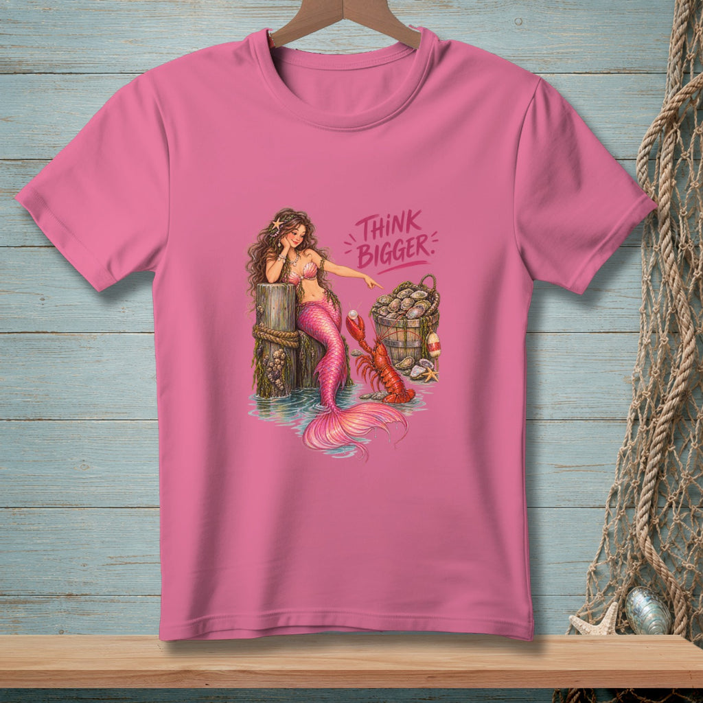 Pink t-shirt with mermaid, lobster, and bucket of oysters, with text "THINK BIGGER".