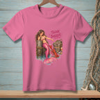 Pink t-shirt with mermaid, lobster, and bucket of oysters, with text "THINK BIGGER".