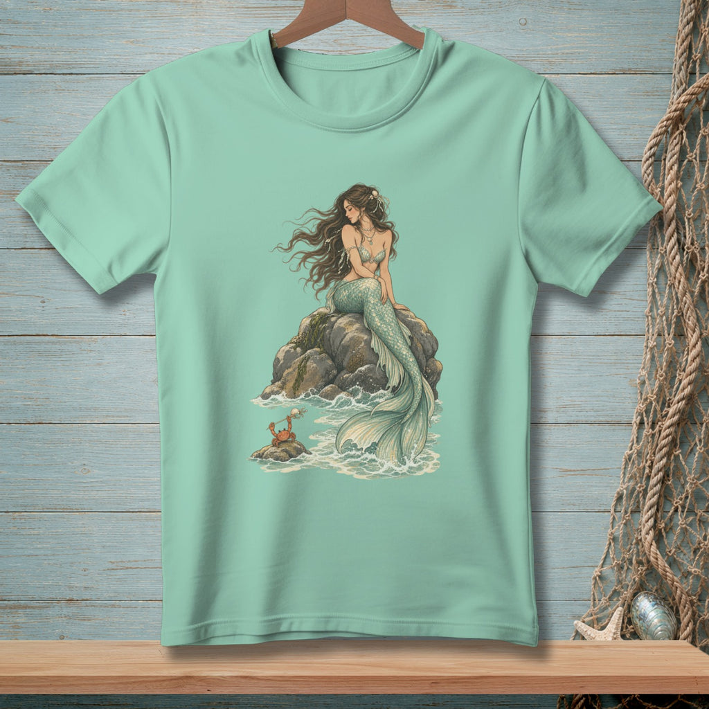 Mint green t-shirt with mermaid on a rock and a crab in the waves.