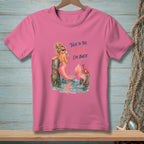 Pink t-shirt with mermaid, crab, and text "Talk to the fin, I'm busy."