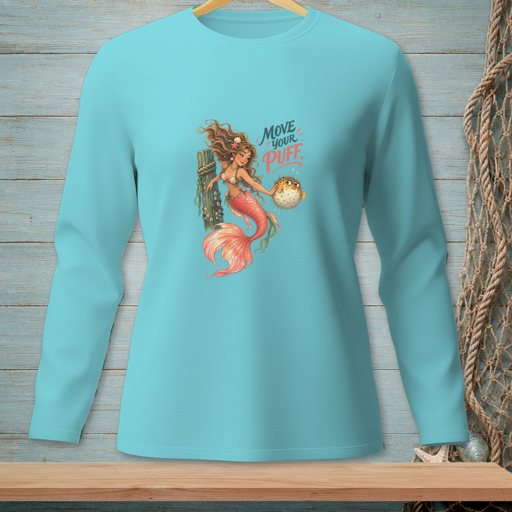 Turquoise long-sleeve shirt with mermaid and pufferfish graphic and text "Move Your Puff."