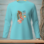 Turquoise long-sleeve shirt with mermaid and pufferfish graphic and text "Move Your Puff."