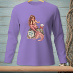 Mermaid with text "BLAME THE TAIL" and a crab on a rock, printed on a purple long-sleeve shirt.