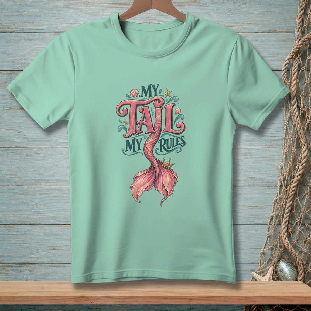 Teal t-shirt with "My Tail My Rules" text and a pink mermaid tail graphic.