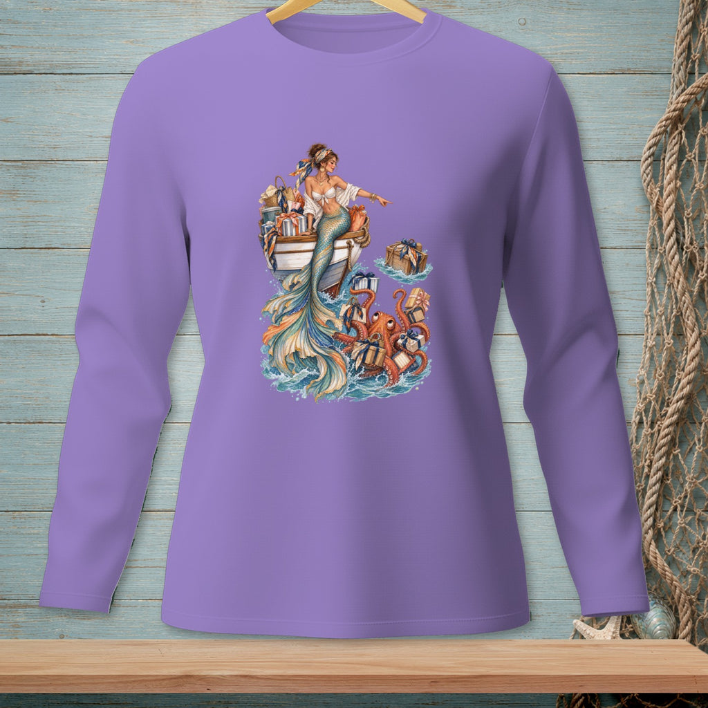 Mermaid with octopus and gifts in a boat surrounded by waves.