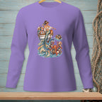 Mermaid with octopus and gifts in a boat surrounded by waves.
