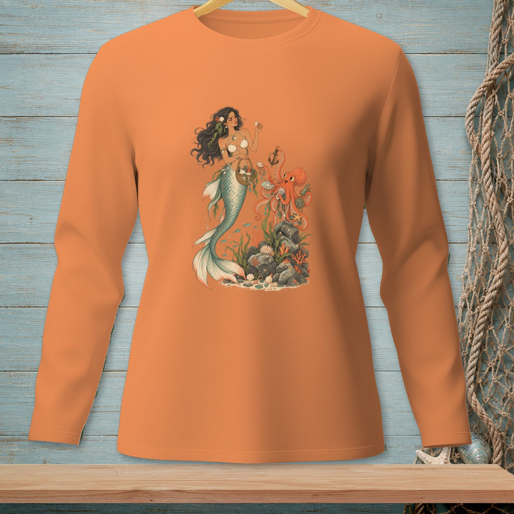 Orange long-sleeve shirt with a mermaid and octopus graphic.