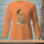 Orange long-sleeve shirt with a mermaid and octopus graphic.
