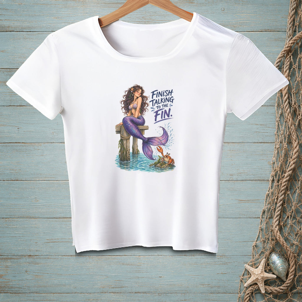 White t-shirt with mermaid and crab graphic and text "Finish talking to the fin."