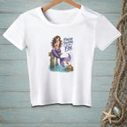 White t-shirt with mermaid and crab graphic and text "Finish talking to the fin."