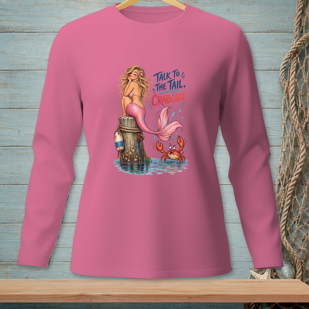Pink long sleeve shirt with a mermaid and crab graphic and text.