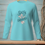 Turquoise long-sleeve shirt with "Salty & Unbothered" and mermaid tail design.