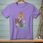 Purple t-shirt with a mermaid sitting on a rock holding a sign that says "Fix Your Expectations."