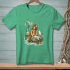 Illustration of a mermaid on a rock sharing food with a seagull.