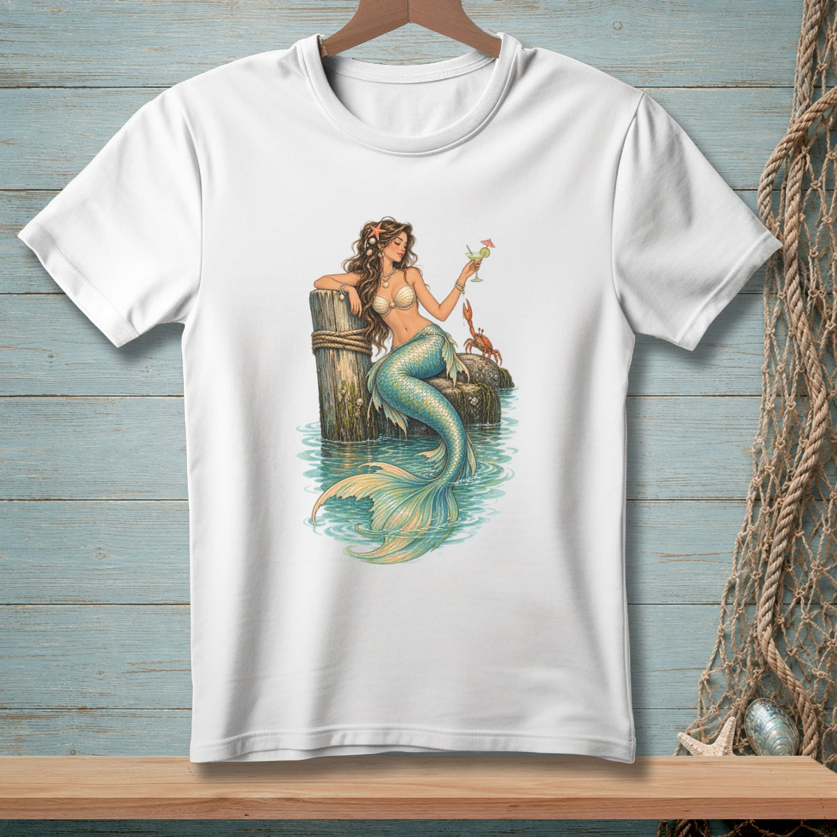 White t-shirt with a mermaid sitting on pilings, holding a drink, with a crab nearby.