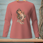 Coral long sleeve shirt with a detailed mermaid graphic and undersea coral.