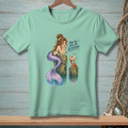 Mermaid resting on a post with a crab holding a gossip seashell.