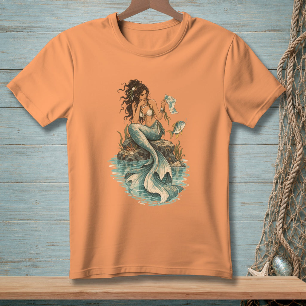 Peach t-shirt with a graphic of a mermaid sitting on a rock holding a map.
