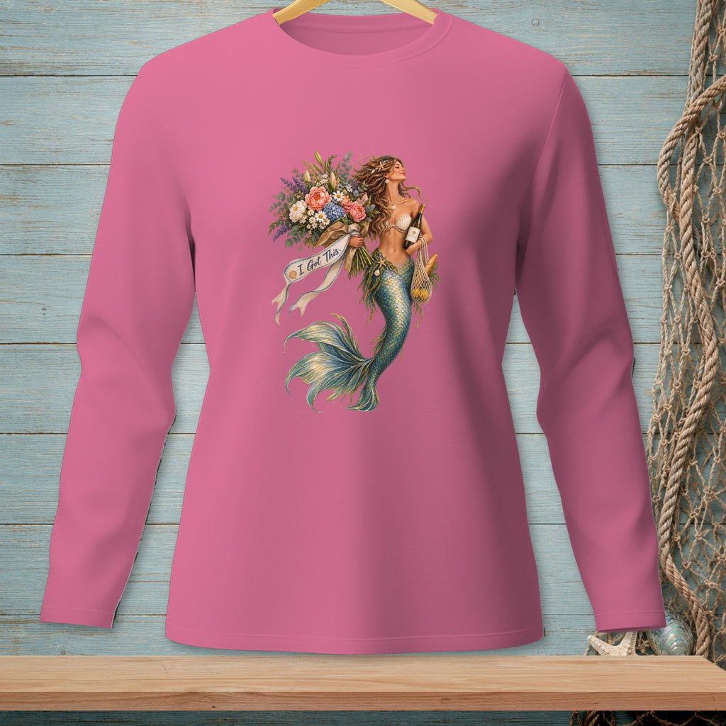 Pink long-sleeve shirt with a graphic of a mermaid holding flowers and groceries, reading "I Got This."