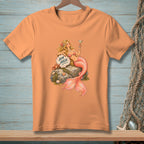 Peach t-shirt with a mermaid holding a martini and text that reads "Aim High."