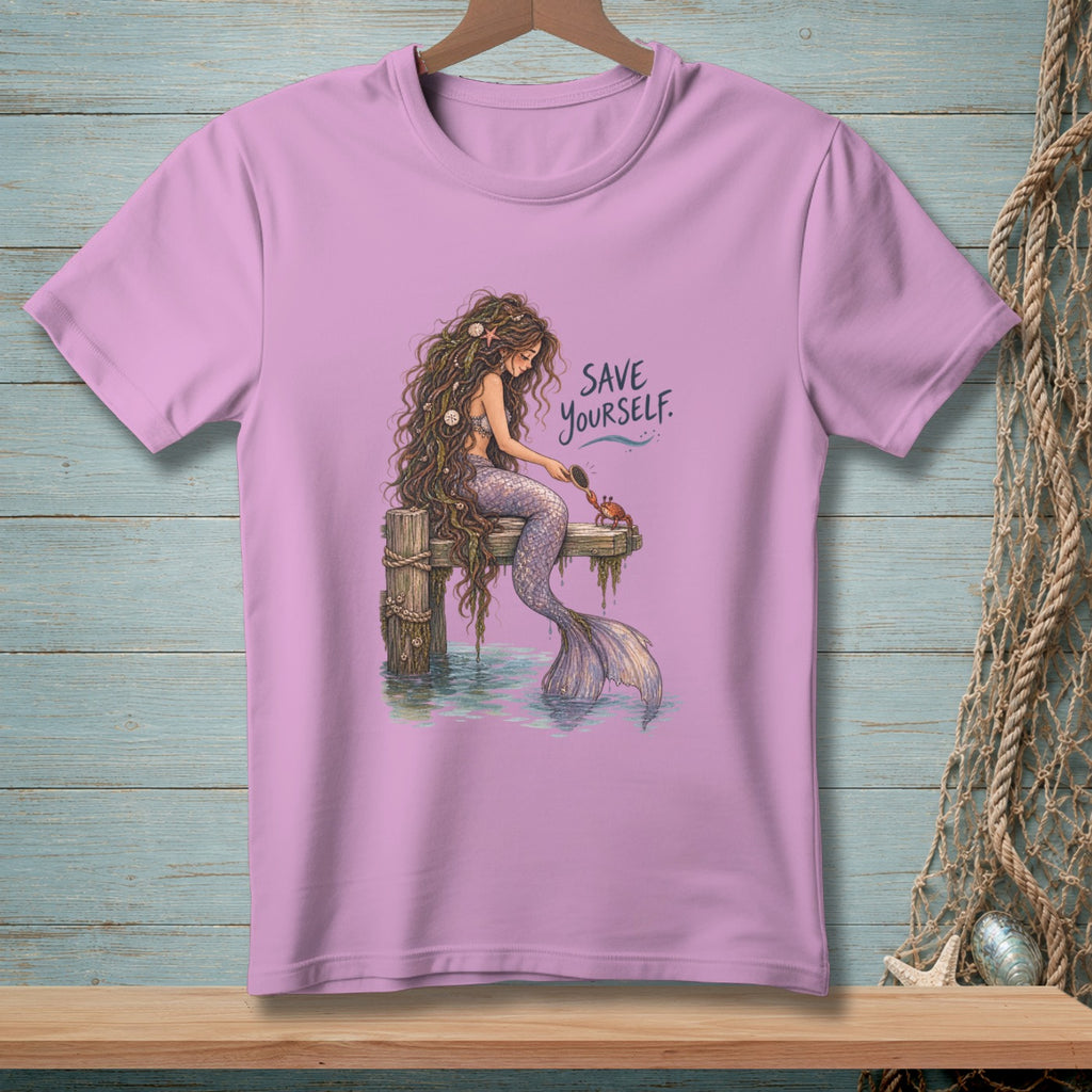 Mermaid combing a crab on a pier with text "SAVE YOURSELF."