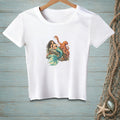 White t-shirt with a detailed illustration of a mermaid and octopus.