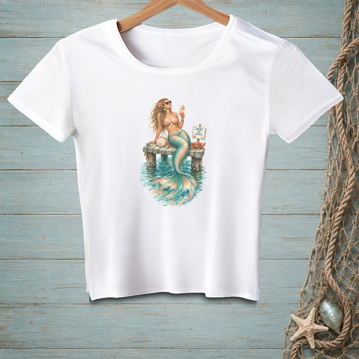 White t-shirt with a graphic of a mermaid on a dock with a "Share the Space" sign.