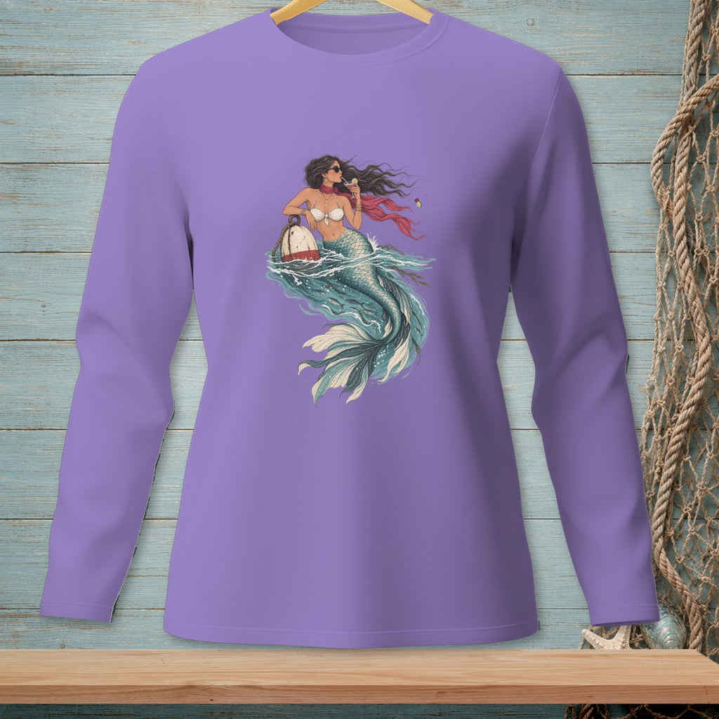 Purple long-sleeve shirt with a mermaid drinking a cocktail and holding a buoy.
