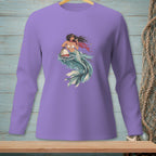 Purple long-sleeve shirt with a mermaid drinking a cocktail and holding a buoy.