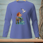 Mermaid with drink and seagull on dock, on a long-sleeve shirt.