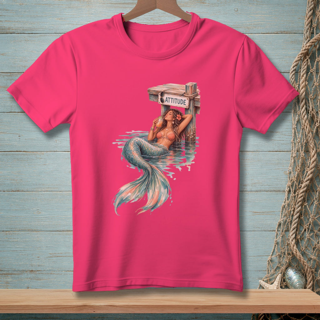 Pink t-shirt featuring a mermaid artwork with the text "ATTITUDE".