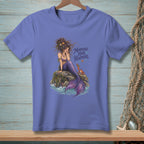 Purple t-shirt with mermaid illustration and text "Mermaid Hair Happens."
