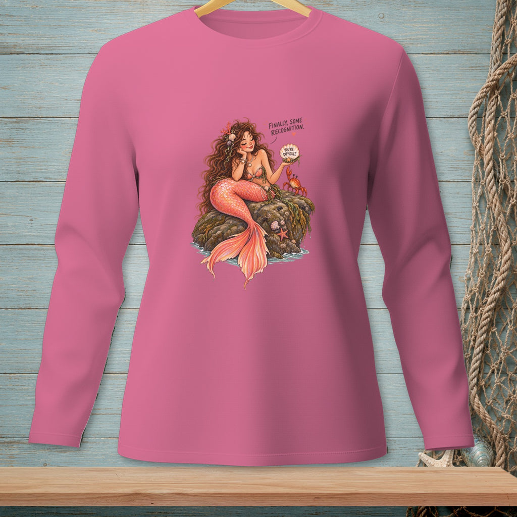 Long-sleeve pink shirt with a mermaid and crab graphic and text.