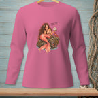 Long-sleeve pink shirt with a mermaid and crab graphic and text.