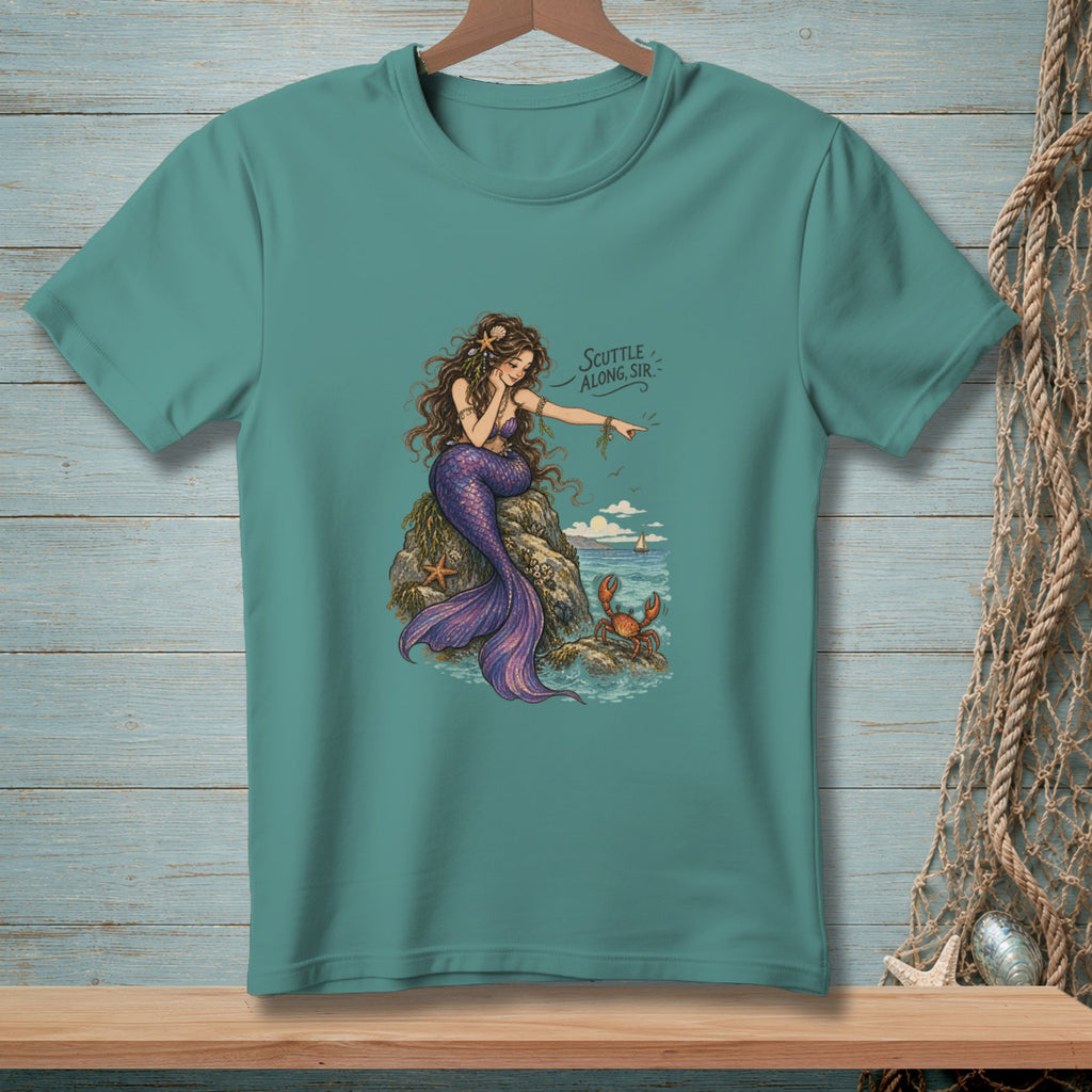 Mermaid on rock points to crab, with text "Scuttle Along, Sir."