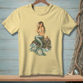Illustration of a mermaid holding a seashell while sitting on a rock with waves.