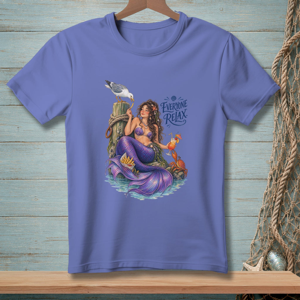 Mermaid holding a cocktail and fries, with a crab and seagull, text "Everyone Relax."