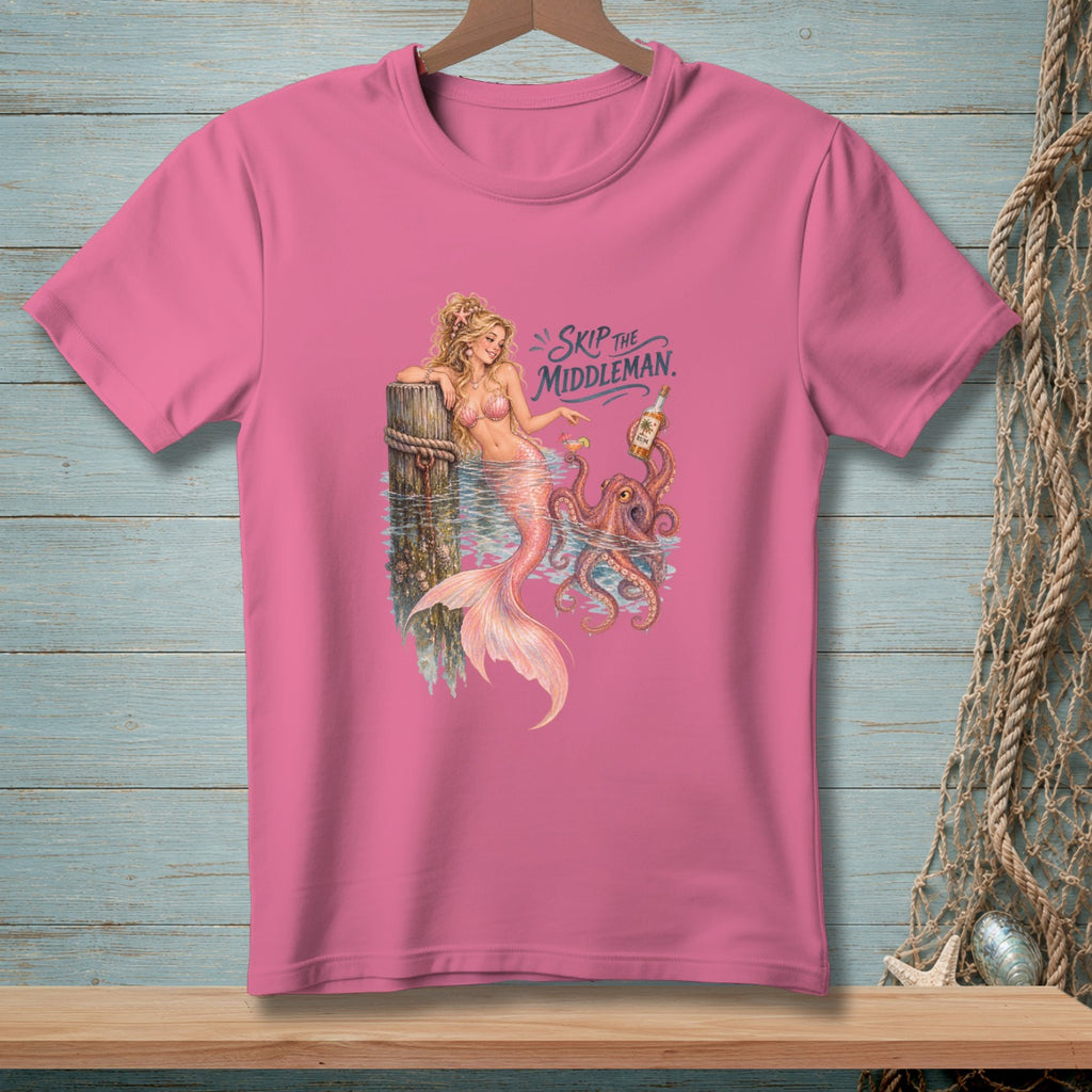 Pink t-shirt with a mermaid, octopus, and rum bottle graphic saying "Skip the Middleman."