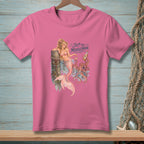 Pink t-shirt with a mermaid, octopus, and rum bottle graphic saying "Skip the Middleman."