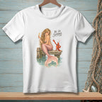 Mermaid holding champagne and lobster proposing on dock, text "Be So Serious."