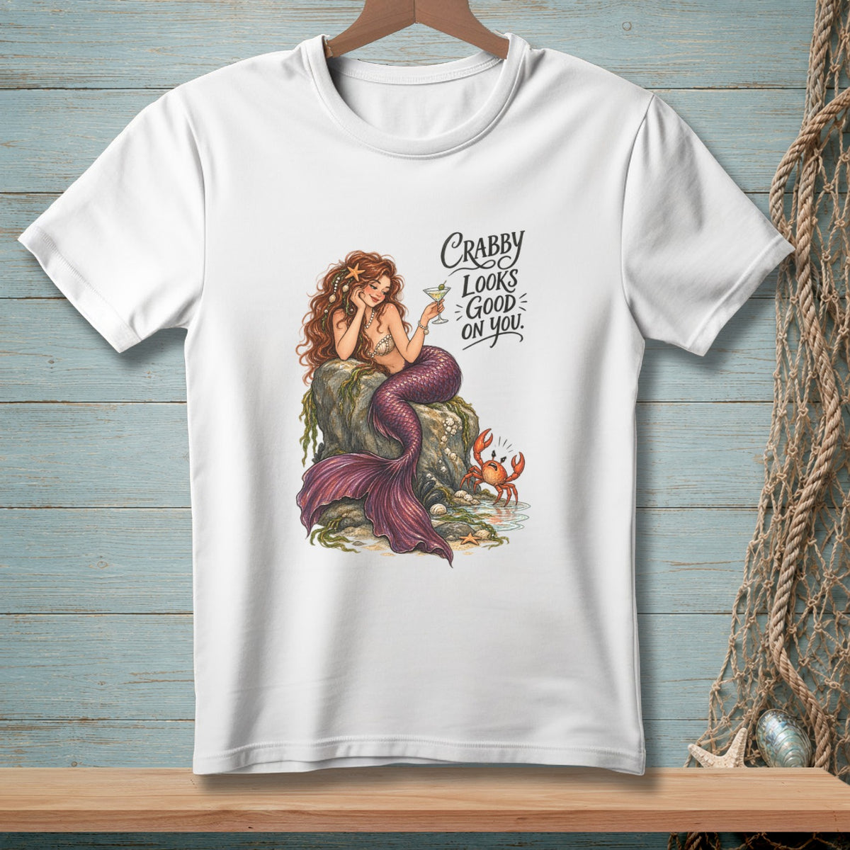 Mermaid with a crab and cocktail, "Crabby Looks Good on You."