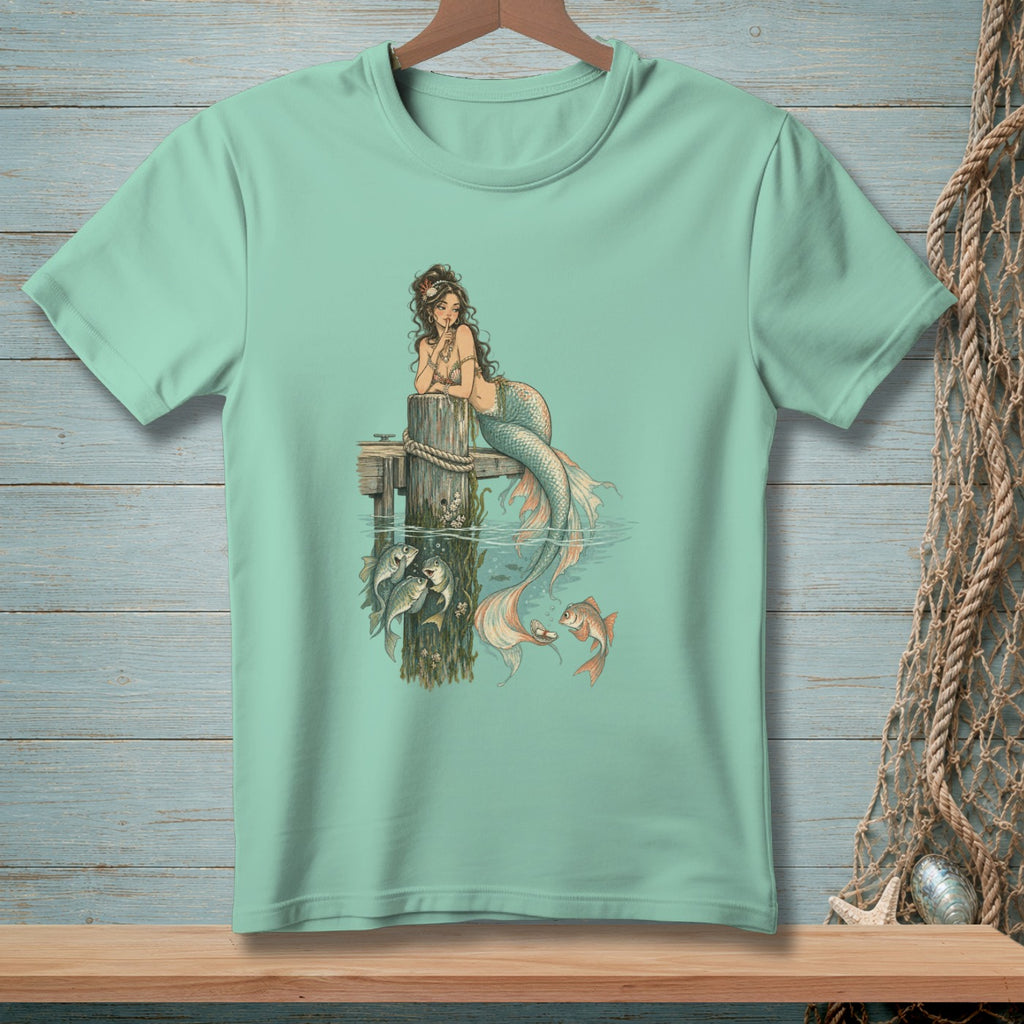 Mint t-shirt with mermaid illustration interacting with fish at a pier.