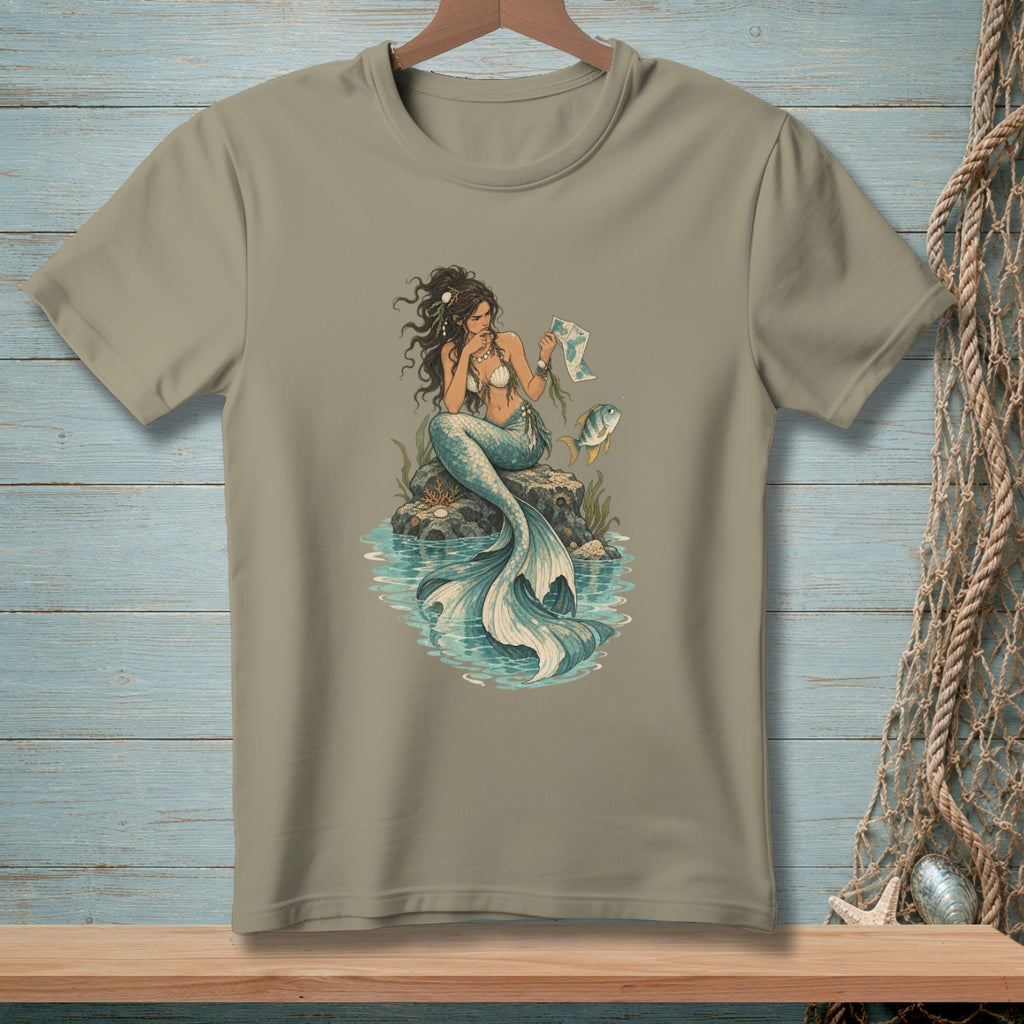 Mermaid sitting on a rock, looking at a map, with a fish nearby.