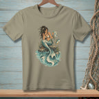 Mermaid sitting on a rock, looking at a map, with a fish nearby.